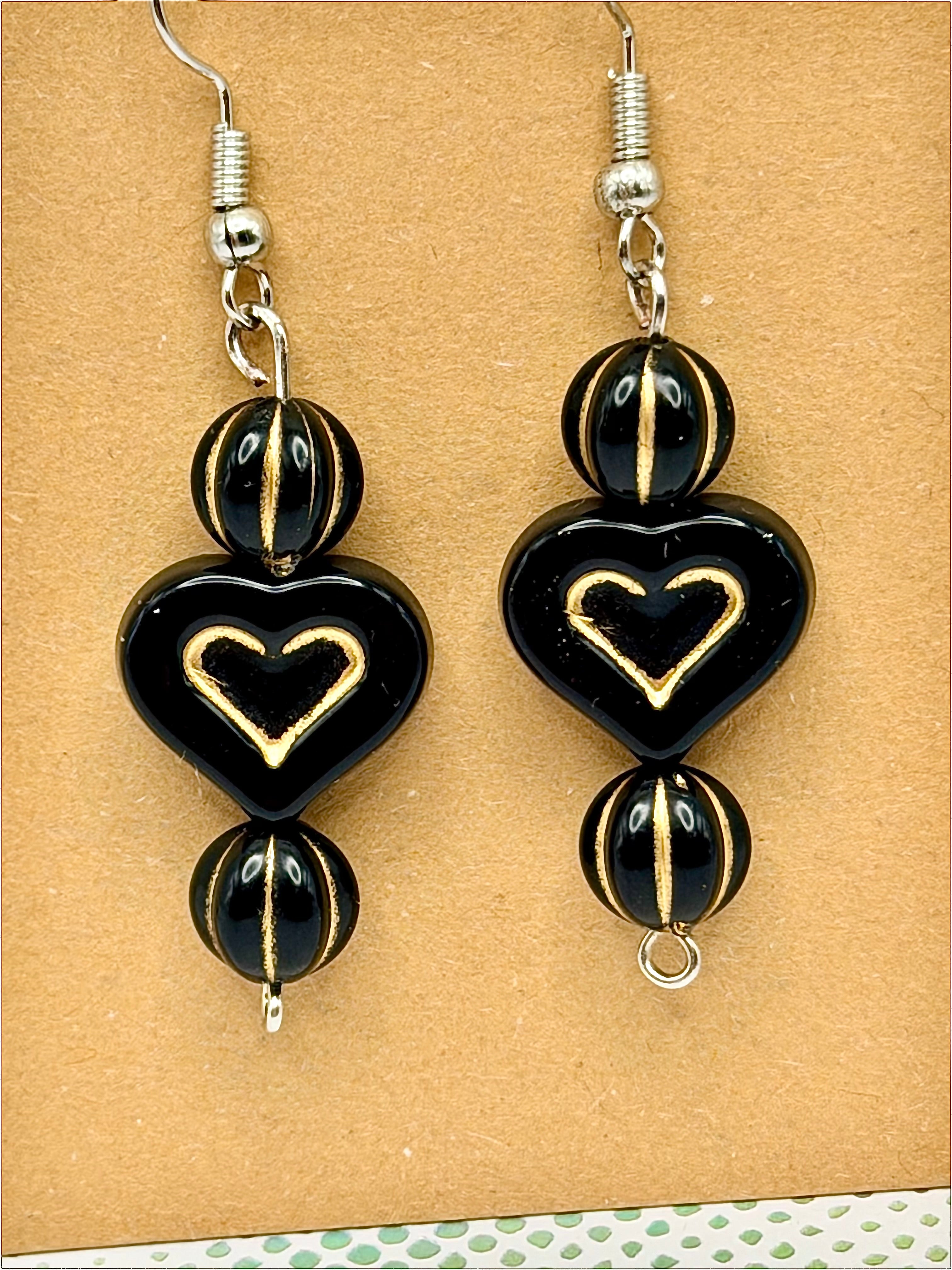 Black Heart Earrings Beaded Handmade