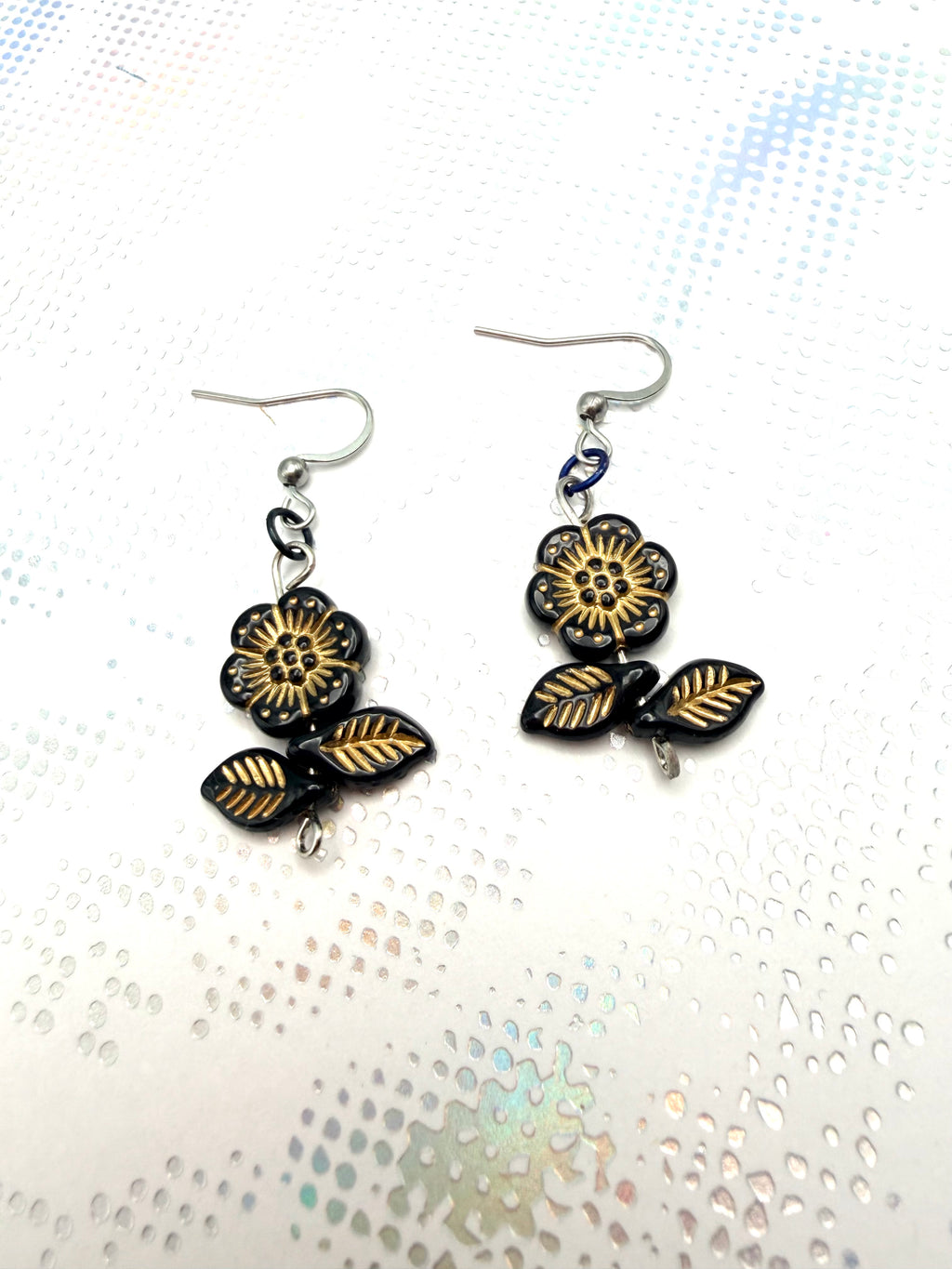 Floral Earrings Black Flower Leaf Beaded