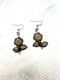 Floral Earrings Black Flower Leaf Beaded
