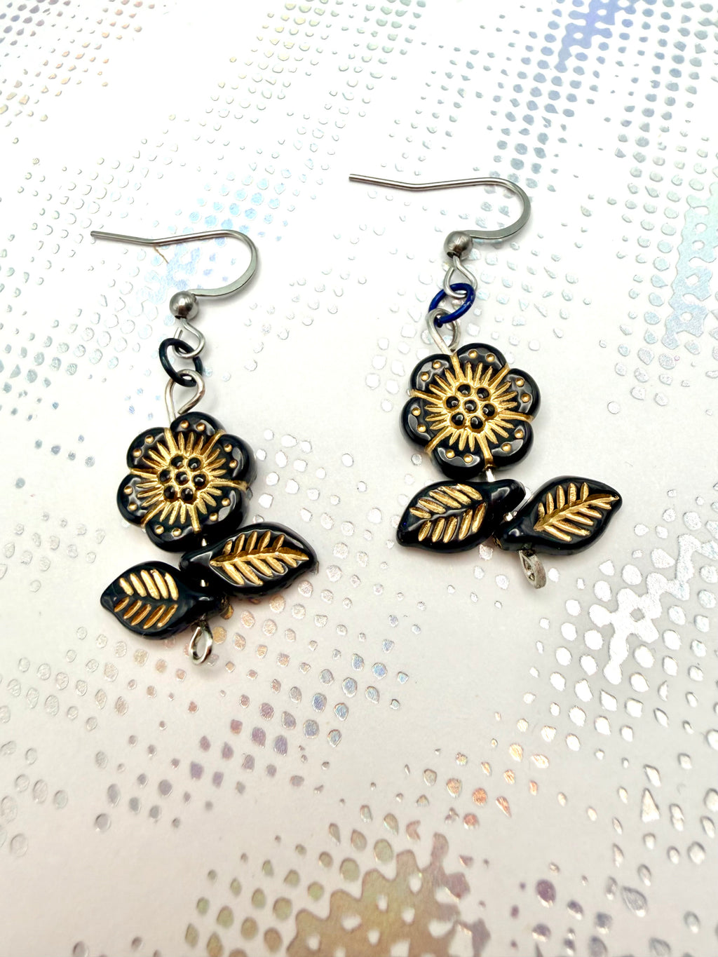Floral Earrings Black Flower Leaf Beaded