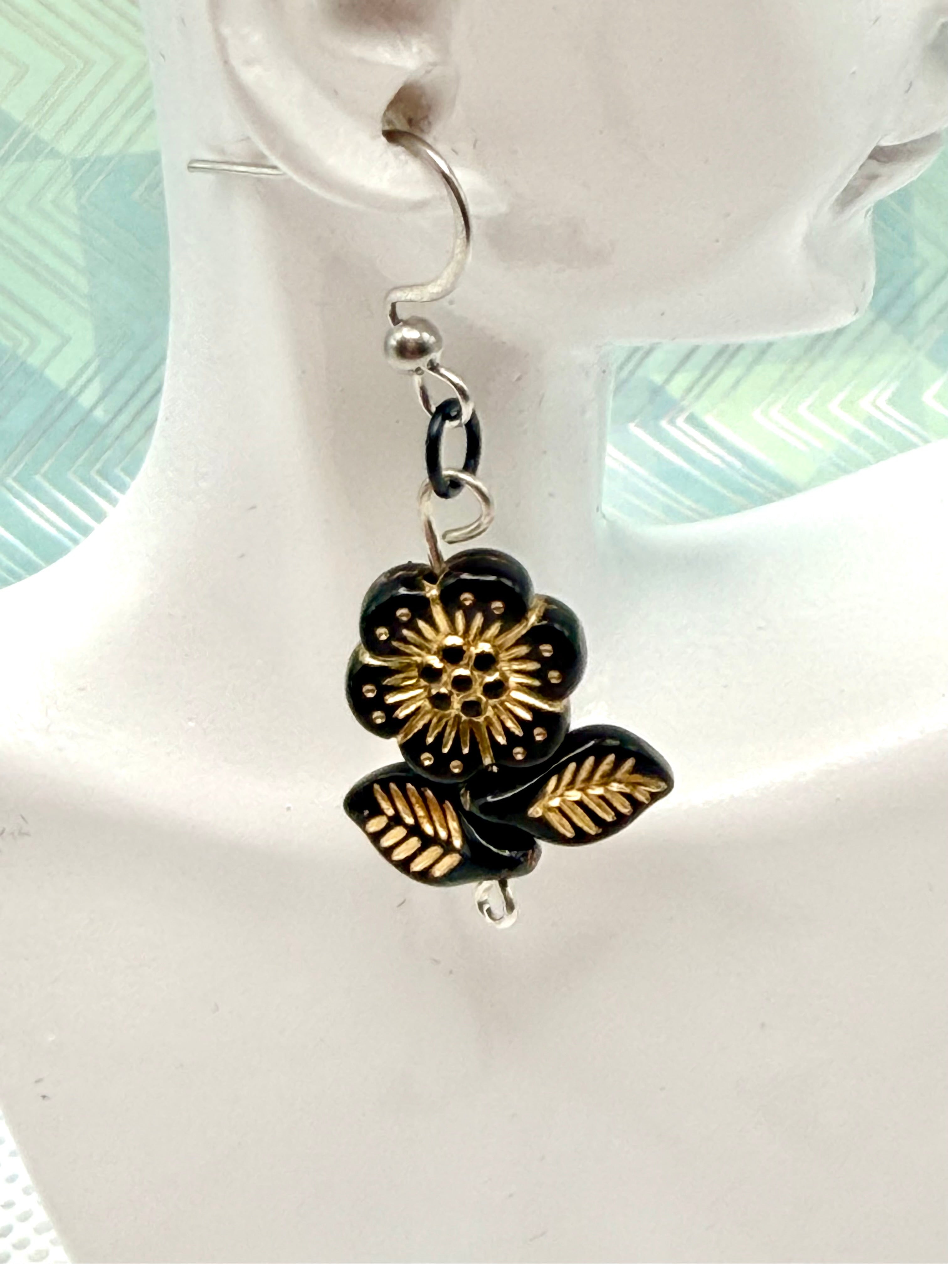 Floral Earrings Black Flower Leaf Beaded