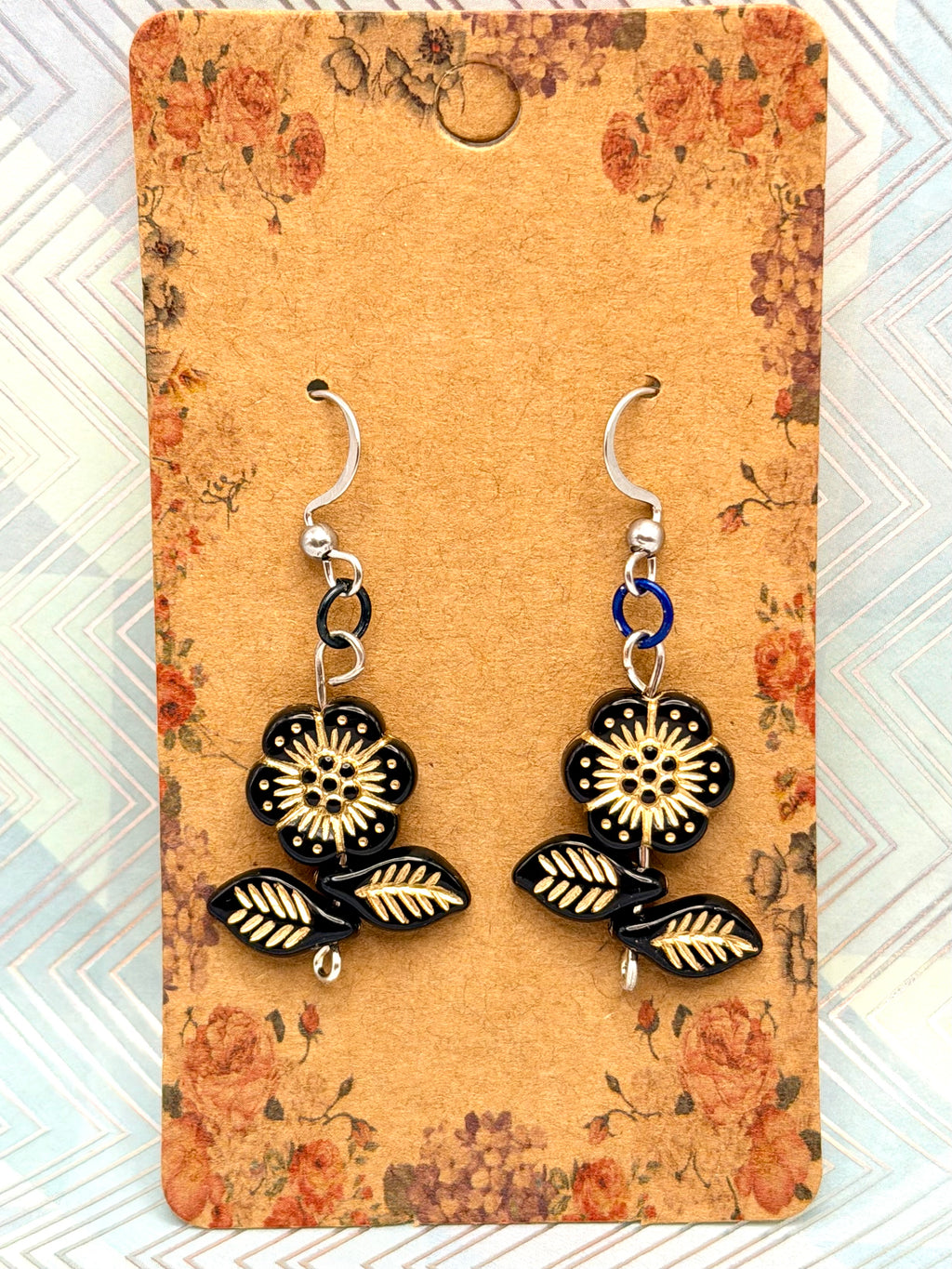 Floral Earrings Black Flower Leaf Beaded