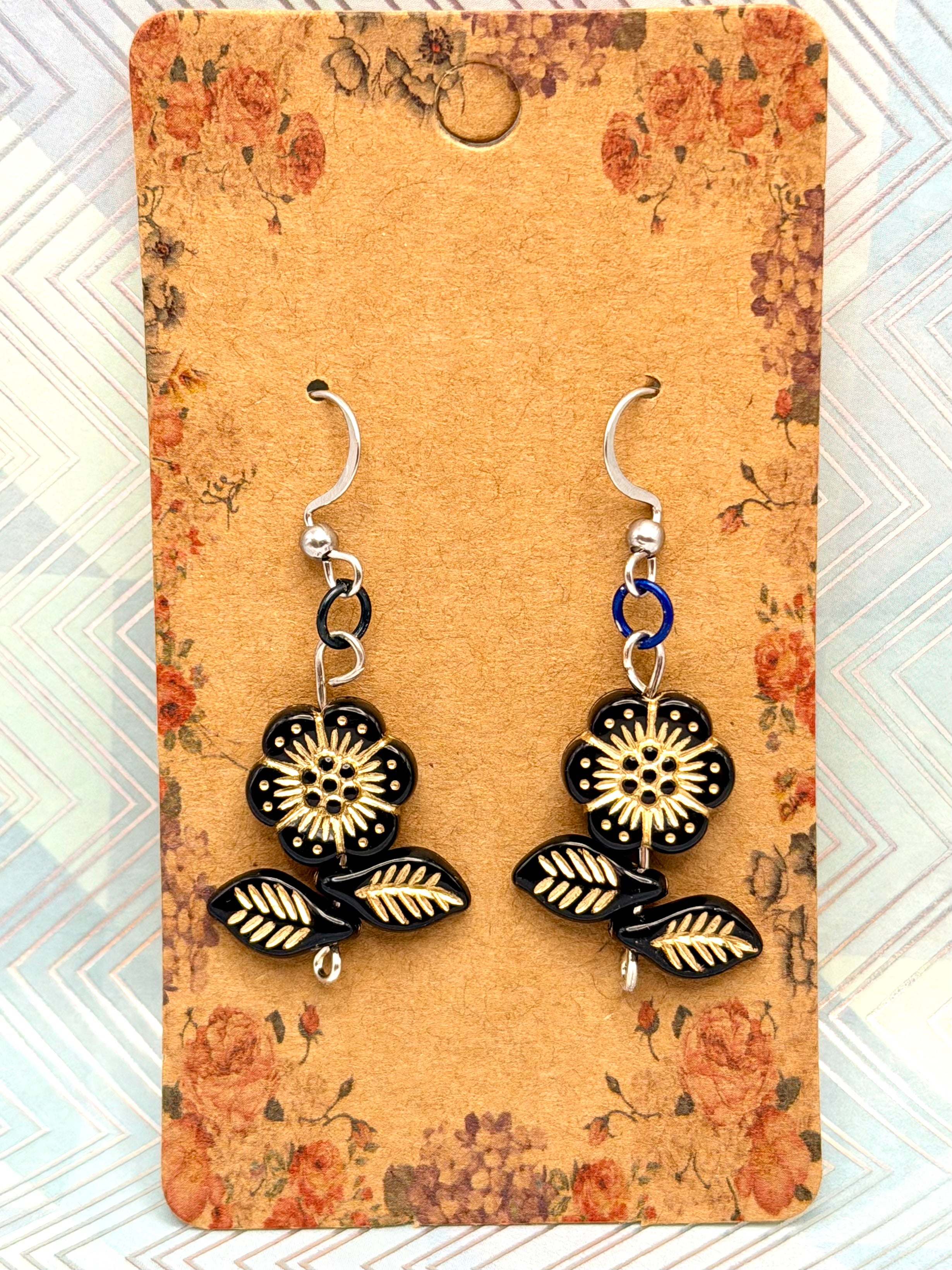 Floral Earrings Black Flower Leaf Beaded