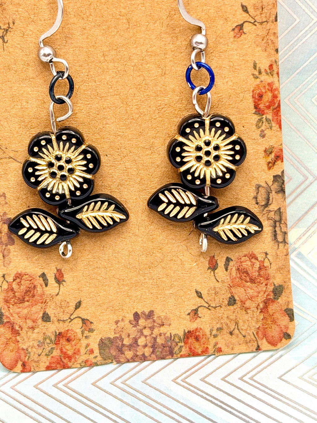 Floral Earrings Black Flower Leaf Beaded