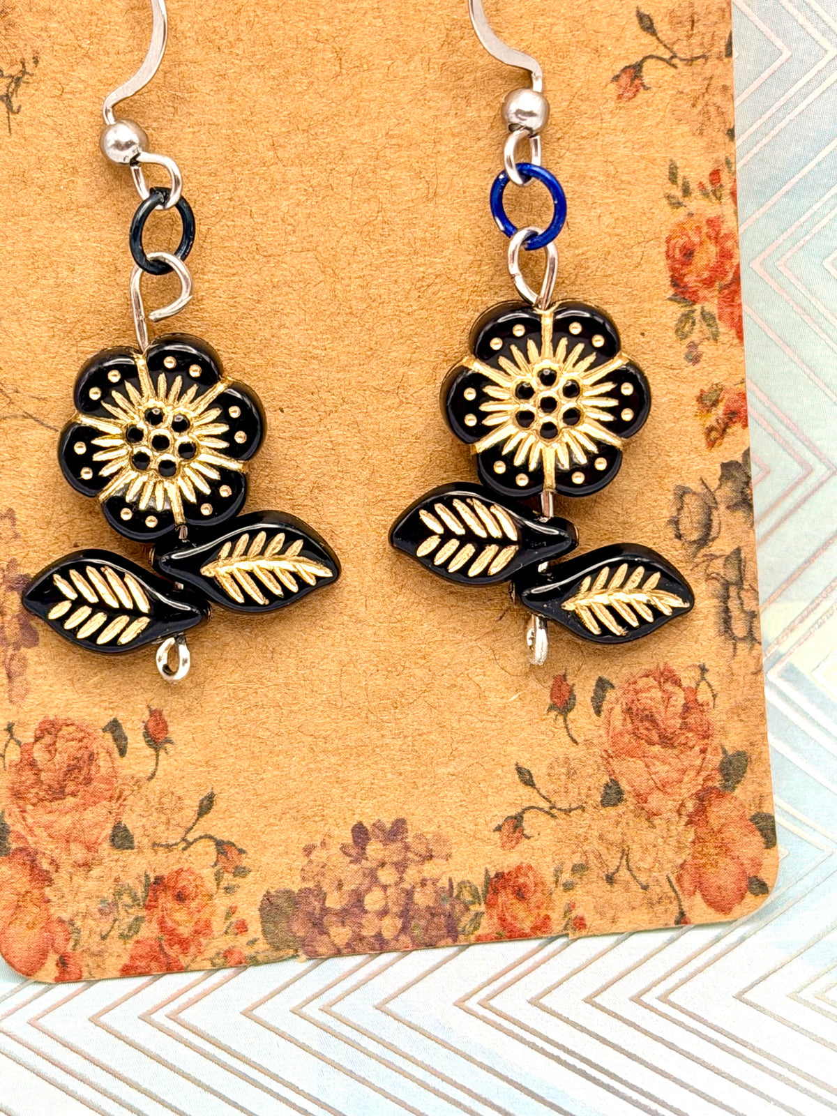 Floral Earrings Black Flower Leaf Beaded