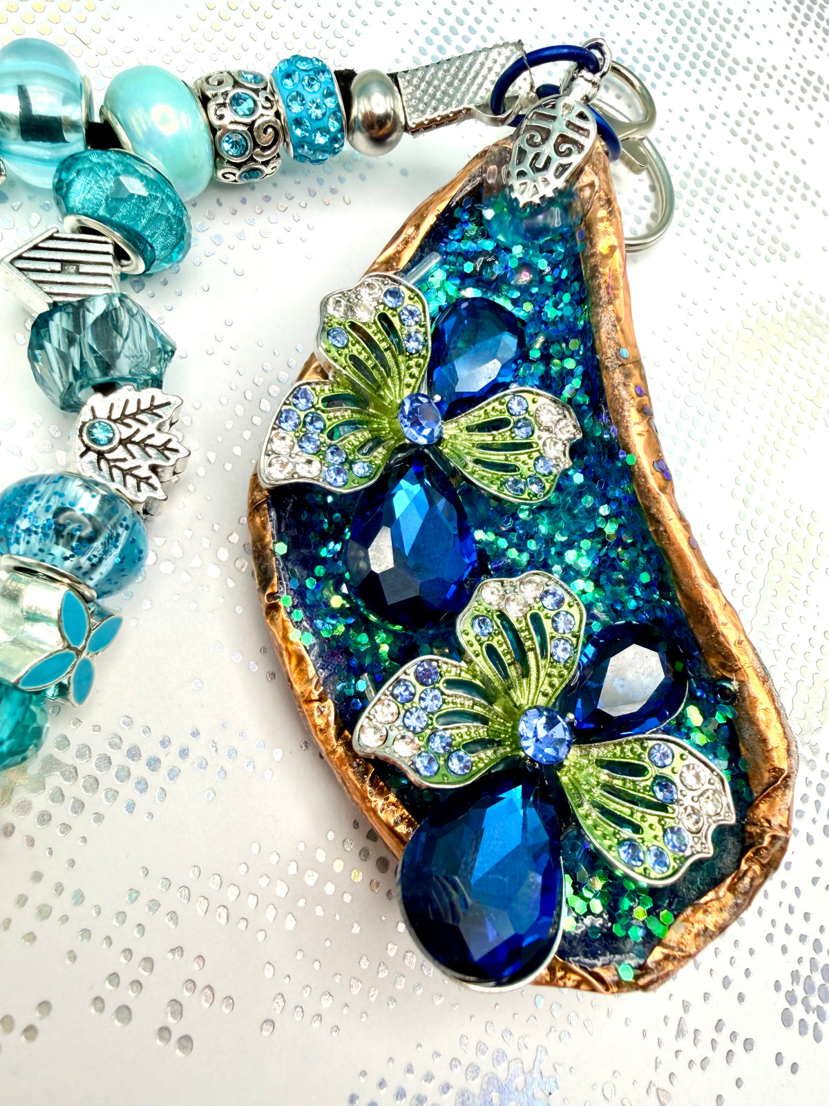 Purse Charm Jeweled Mussel Shell Beaded Handcrafted
